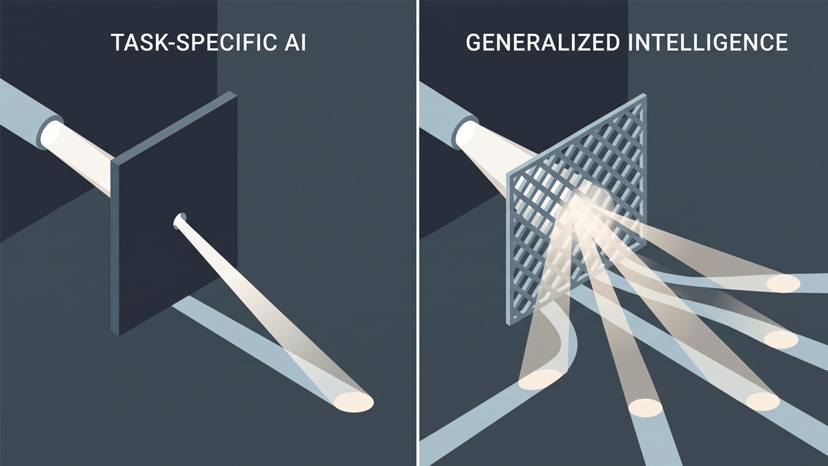 Abstract illustration contrasting narrow AI with generalized artificial intelligence across multiple domains